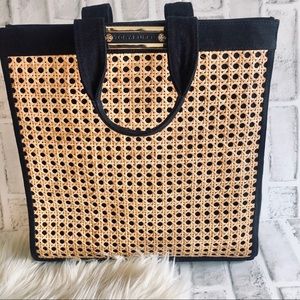 TORY BURCH STRAW & CANVAS SLIM WEEKEND TOTE BAG